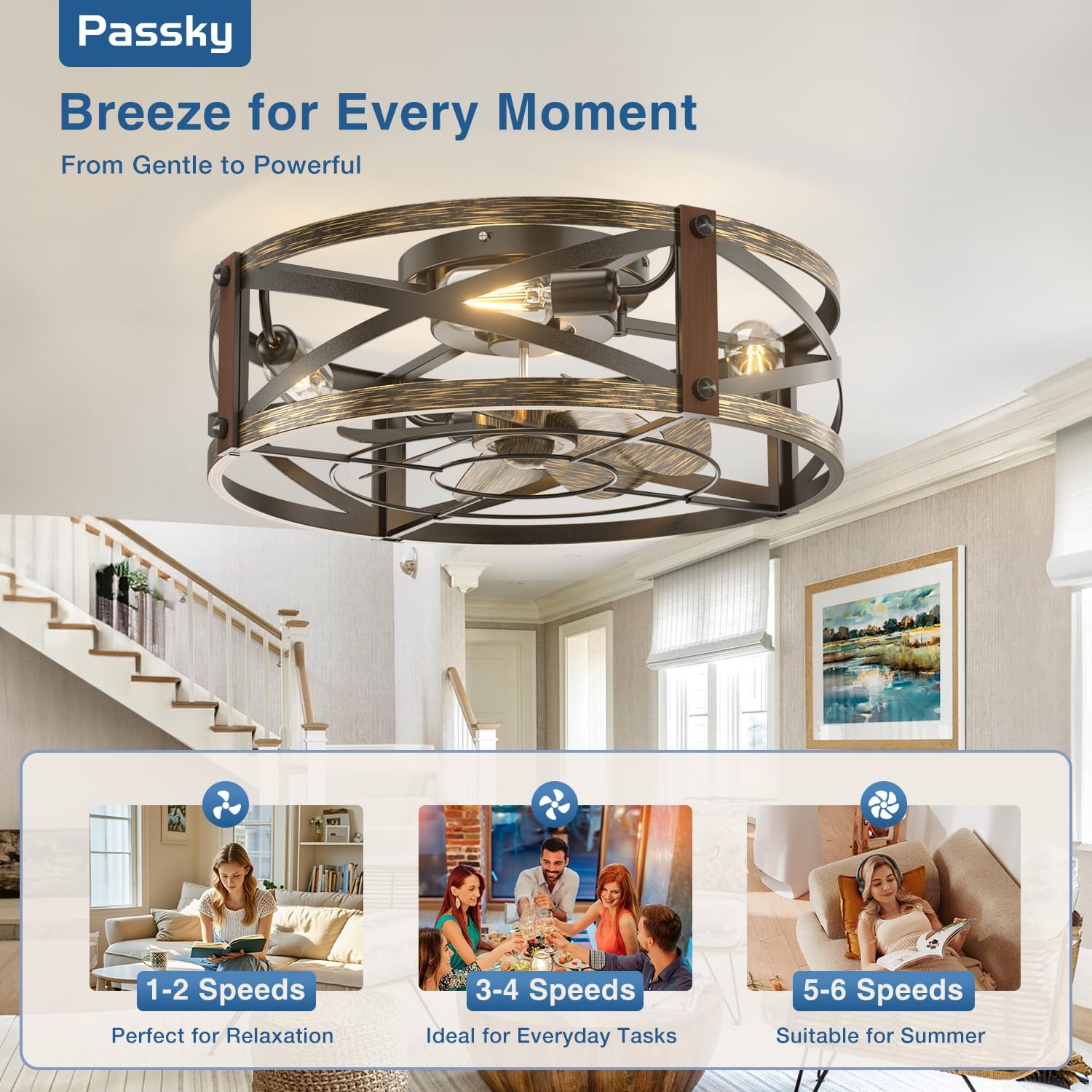 Thumbnail 4 de Passky 20" Farmhouse Flush Mount Ceiling Fan with Lights and Remote — Industrial Black Cage, 6-Speed DC Motor
