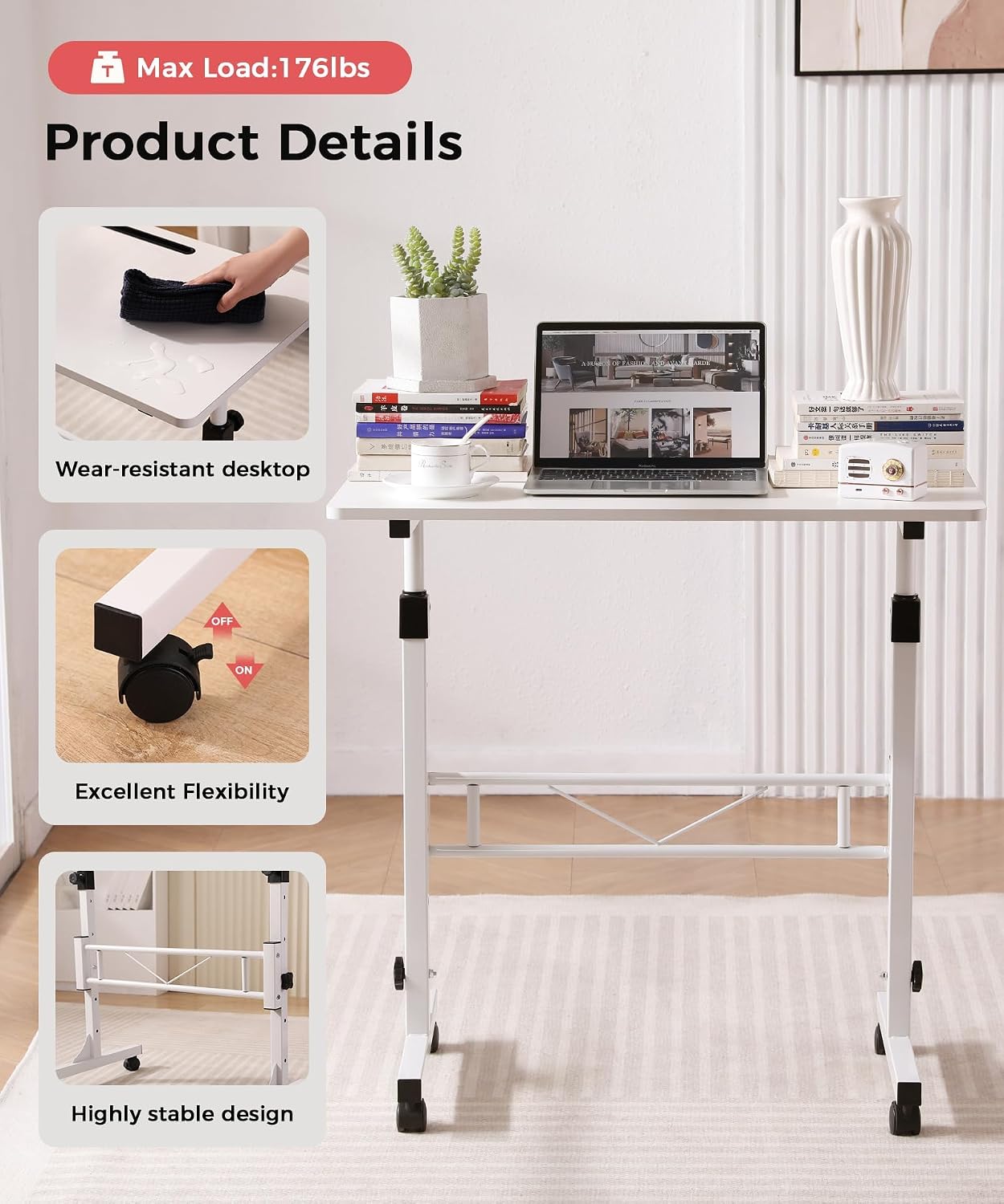 Detalle de KLSMYHOKI FX1 Mobile Standing Desk, Adjustable Height, Locking Casters, Soft White