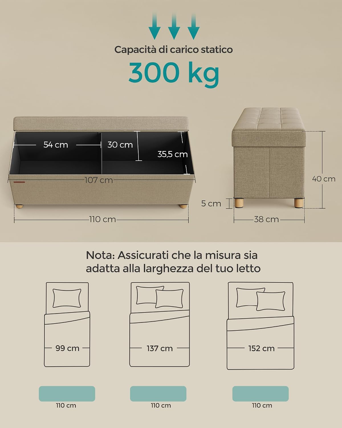 Detalle de SONGMICS Cassapanca poggiapiedi 110×38×40 cm, 300 kg ottomano