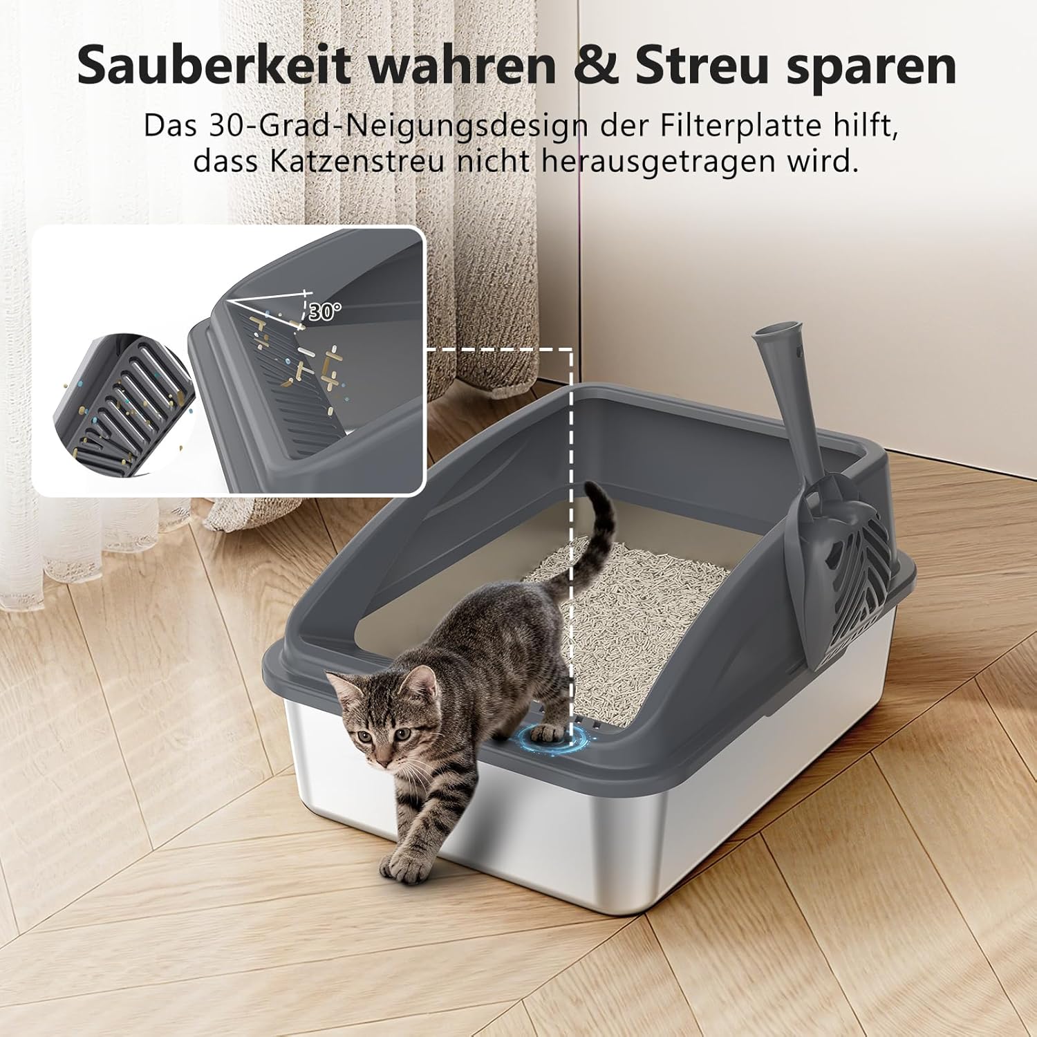 FURTIME Litière pour Chat en Acier Inoxydable 18 L avec Pelle et Bac Latéral à Paroi Haute