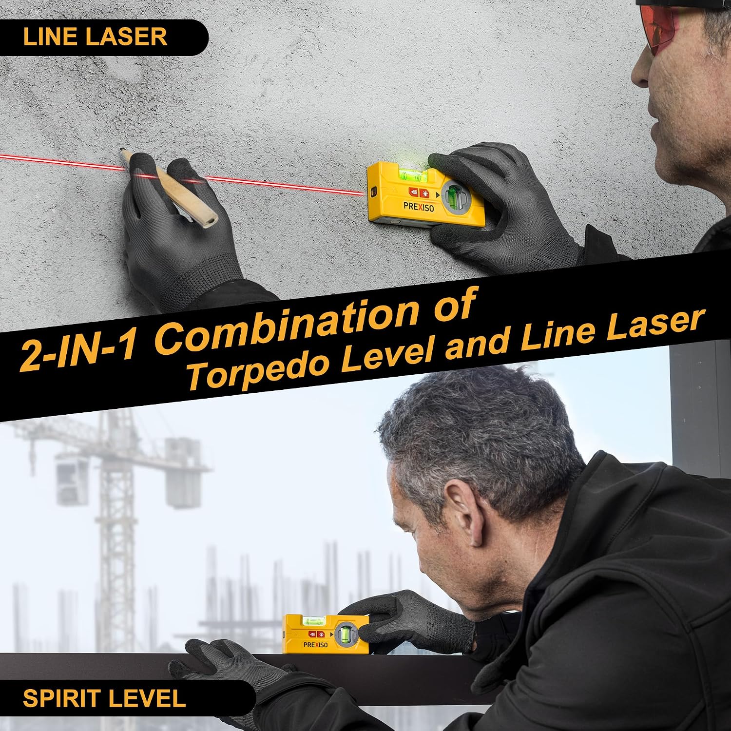 Thumbnail 2 de PREXISO 2-in-1 Laser Spirit Level: Mini Torpedo Level with LED Light, Magnetic Pocket Leveler and 10 m Laser for Precise Hanging
