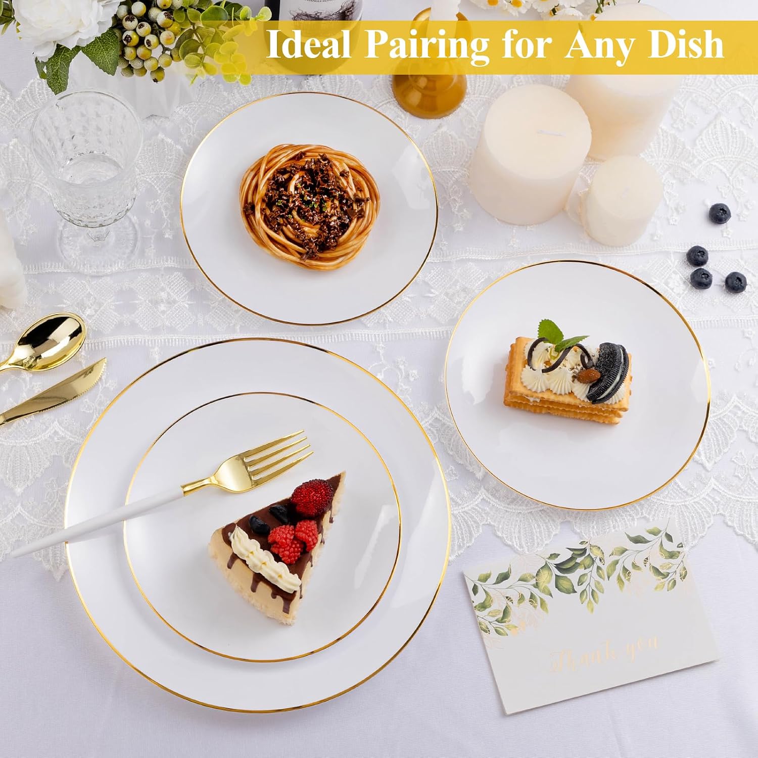 Detalle 1 de Goodluck 7-Inch Gold-Rim Plastic Dessert Plates, White, 100-Pack