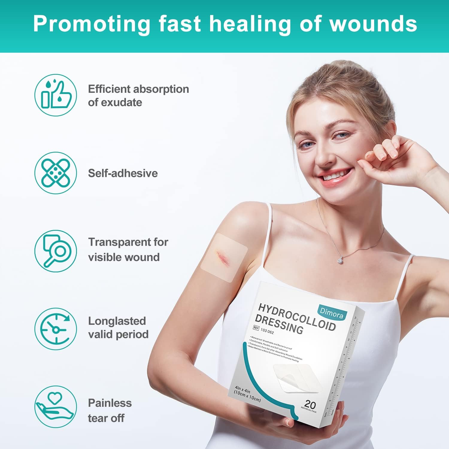 Detalle de Dimora 20 Pack Hydrocolloid Wound Dressing, Ultra Thin 4" x 4" Large Patch