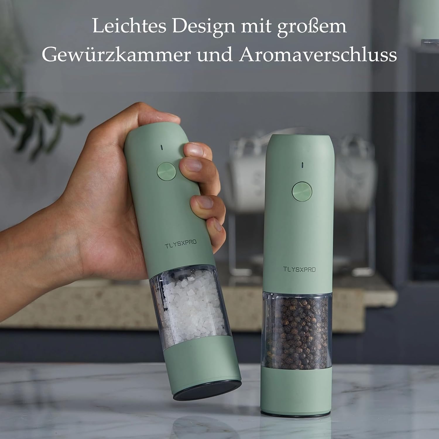 Detalle 2 de TLYSXPRO Elektrische Salz- und Pfeffermühle 2er-Set (USB wiederaufladbar, LED, einstellbare Grobheit) in Salbeigrün