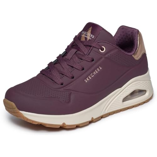 Detalle de Skechers UNO Golden Air, zapatillas para mujer con detalles dorados, borgoña, talla 38