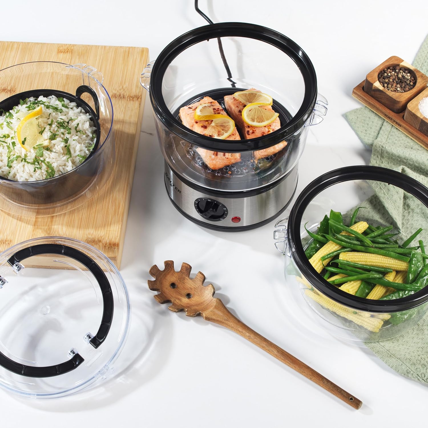 Detalle 2 de Salter 3 Tier Electric Food Steamer (7.5L) with Stackable Baskets & 60 Minute Timer