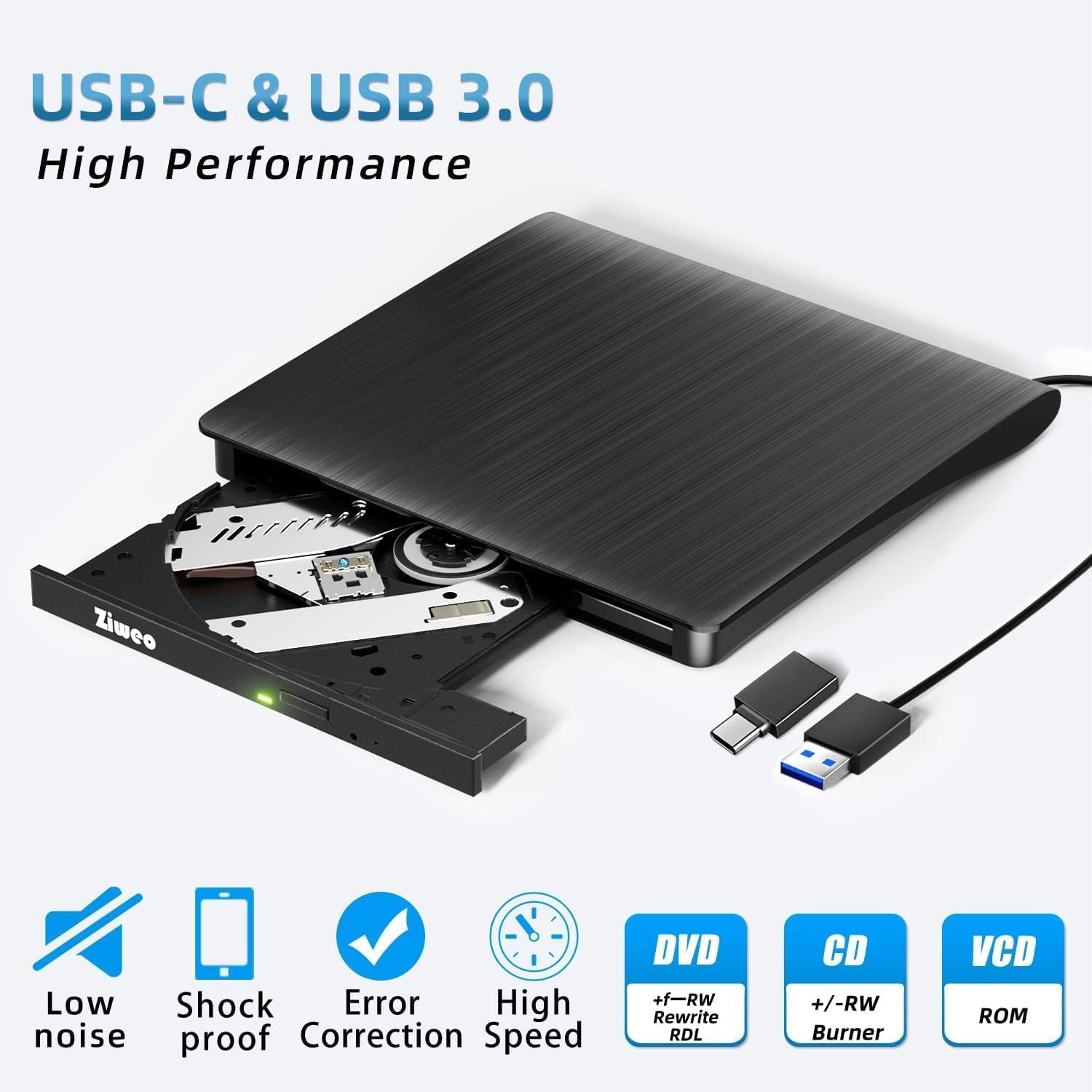 Detalle de Ziweo External CD/DVD Drive — Portable USB 3.0 Type-C Burner and Reader