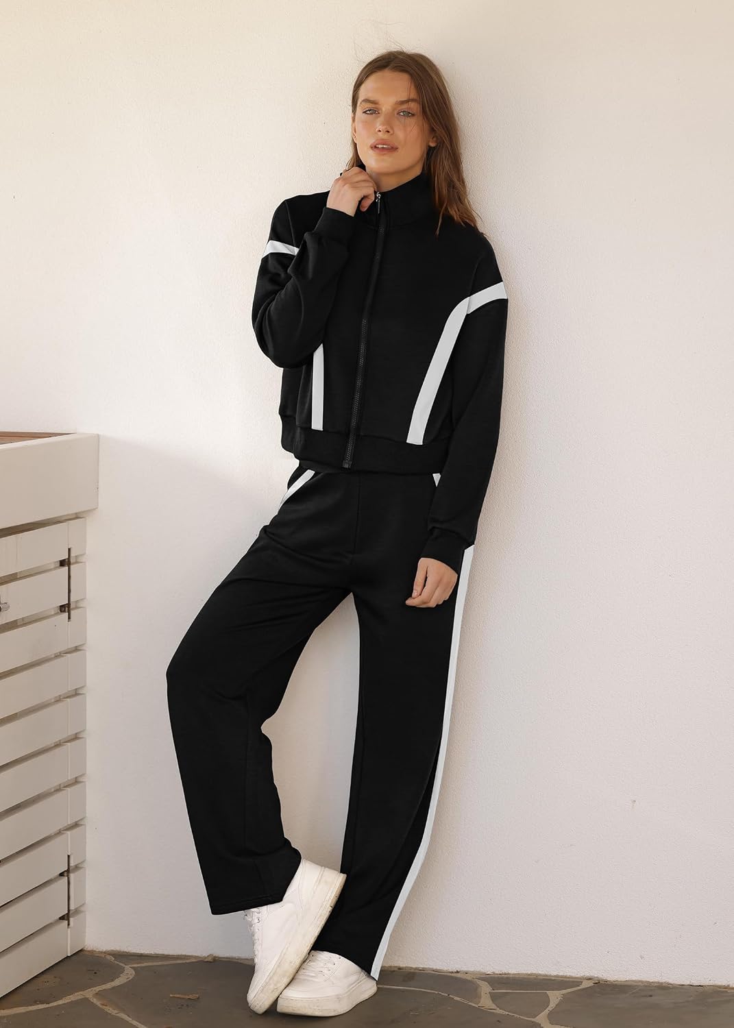 Detalle de XIEERDUO Women's Lounge Set with Full-Zip Sweatshirt and Wide-Leg Pants