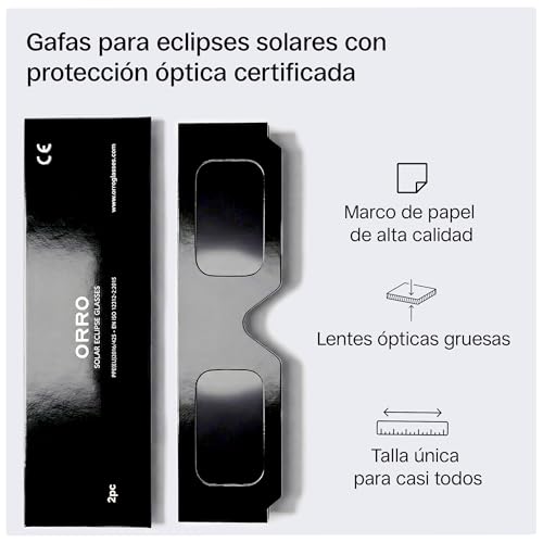 Thumbnail 8 de ORRO Gafas para Eclipse Solar 37 mm — Pack 2/6/12/50, negras, certificadas EN ISO 12312-2:2015 y CE