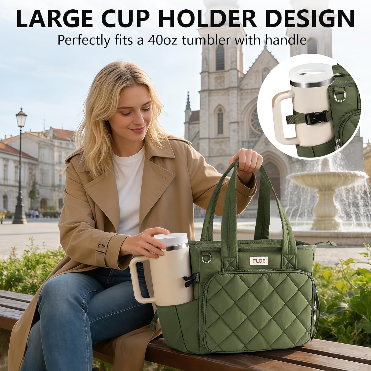 Detalle de FLOE Large Bible Tote Bag with Study Kit, Quilted Oatmeal, 14-Inch Sleeve