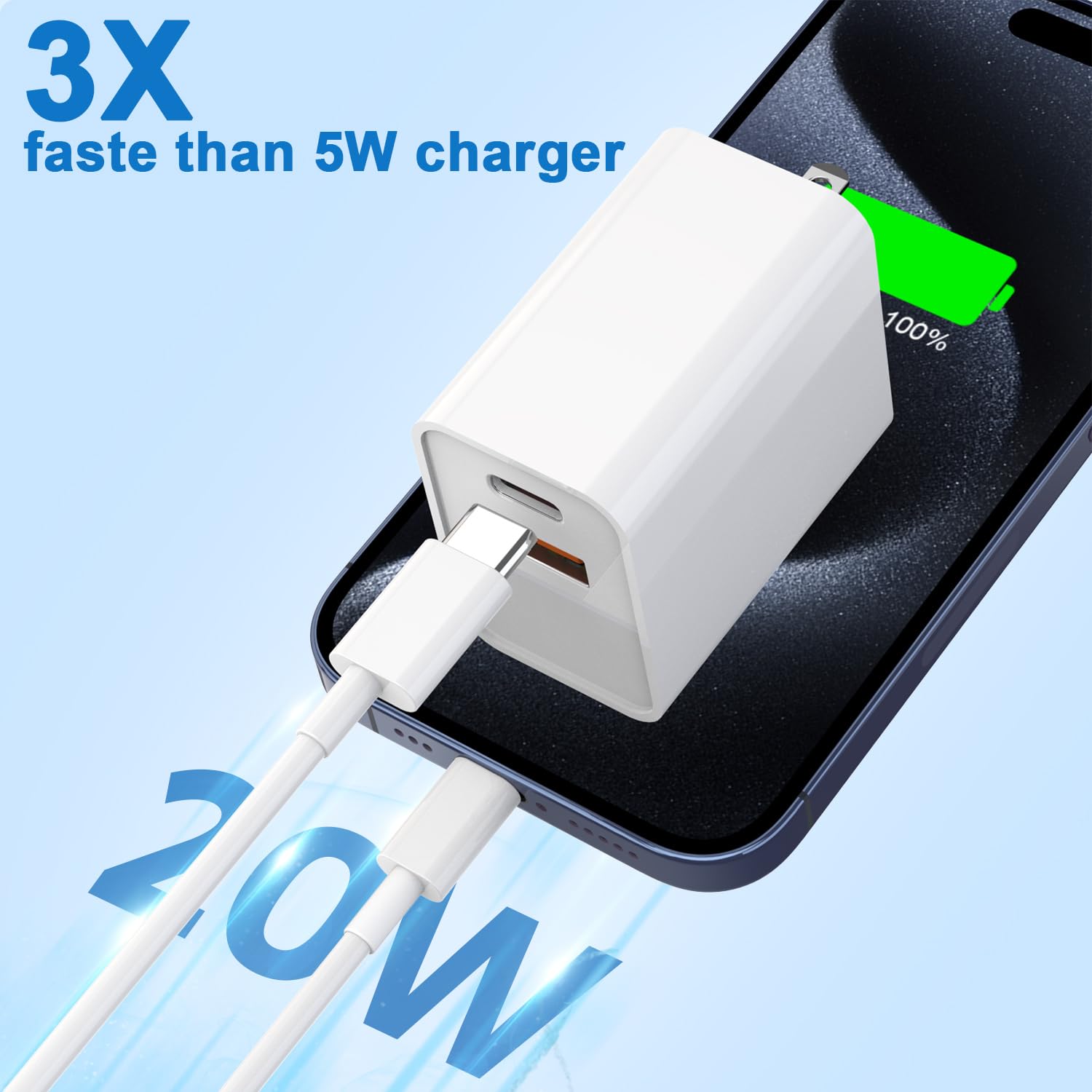 Detalle 2 de 10FT iPhone 17/16e Fast Charger 20W Dual Port