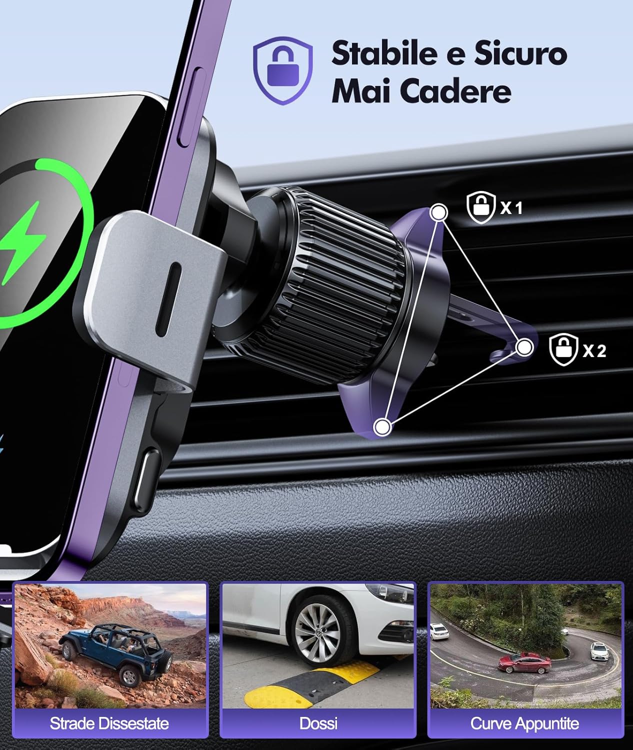 Thumbnail 3 de ISEYOU Caricatore Wireless Auto 15W con supporto 360° e bloccaggio automatico