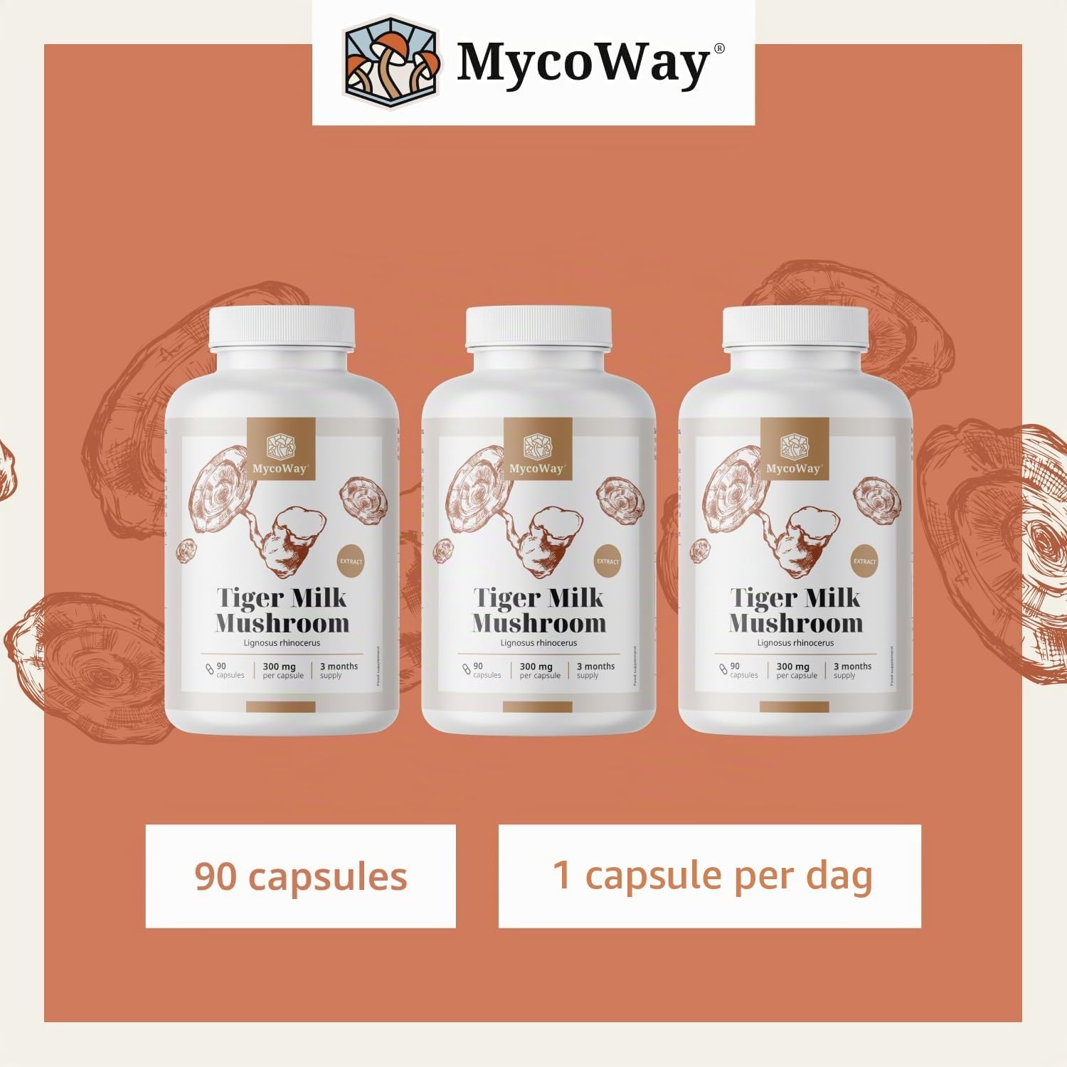 Detalle de MycoWay Tijgermelk Paddenstoel 300 mg capsules met bètaglucaan, 90 stuks