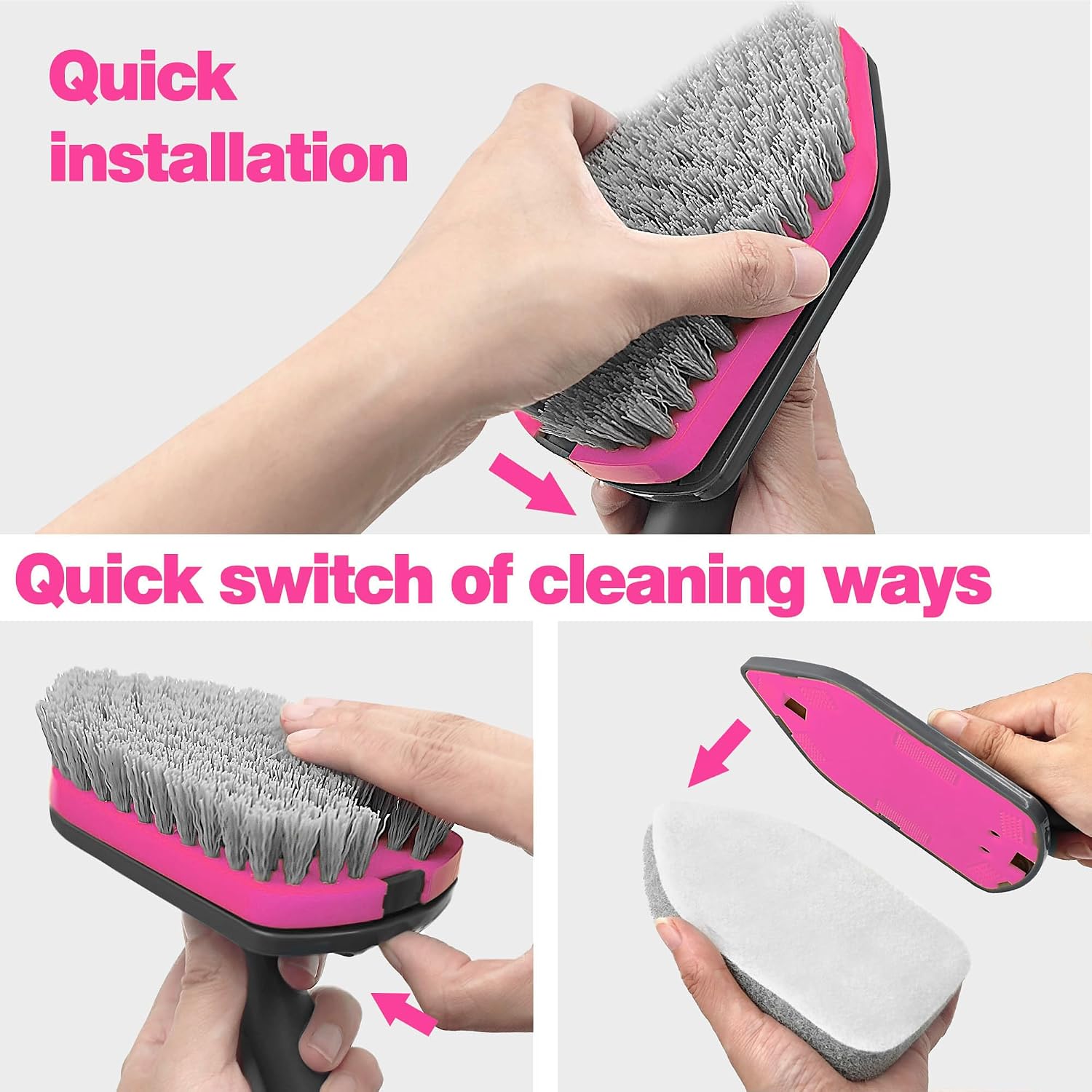 Detalle de NEWE telescopic bathroom cleaning brush with rotating 180° head and 4 scrub heads (grey/red) for tubs, tiles and toilets