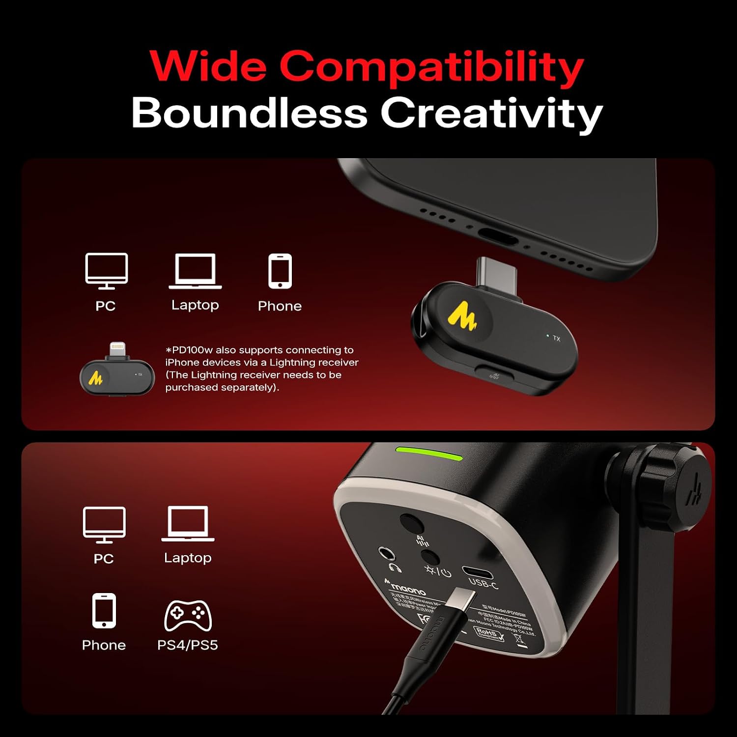 Detalle de MAONO PD100W Wireless Dynamic Gaming Microphone with USB-C Receiver and Boom Arm