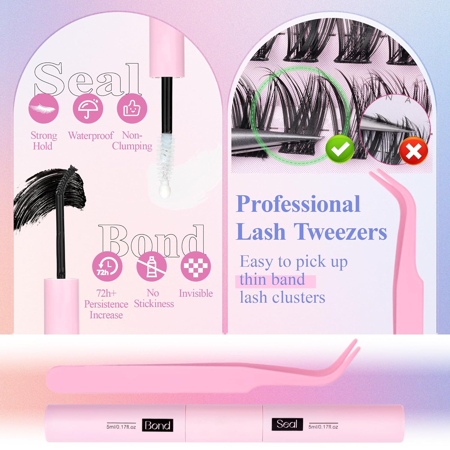 Detalle 2 de Fairy Lash Clusters Kit Wispy Eyelash Clusters DIY 8-16mm — 192pcs with Bond, Seal & Tweezers