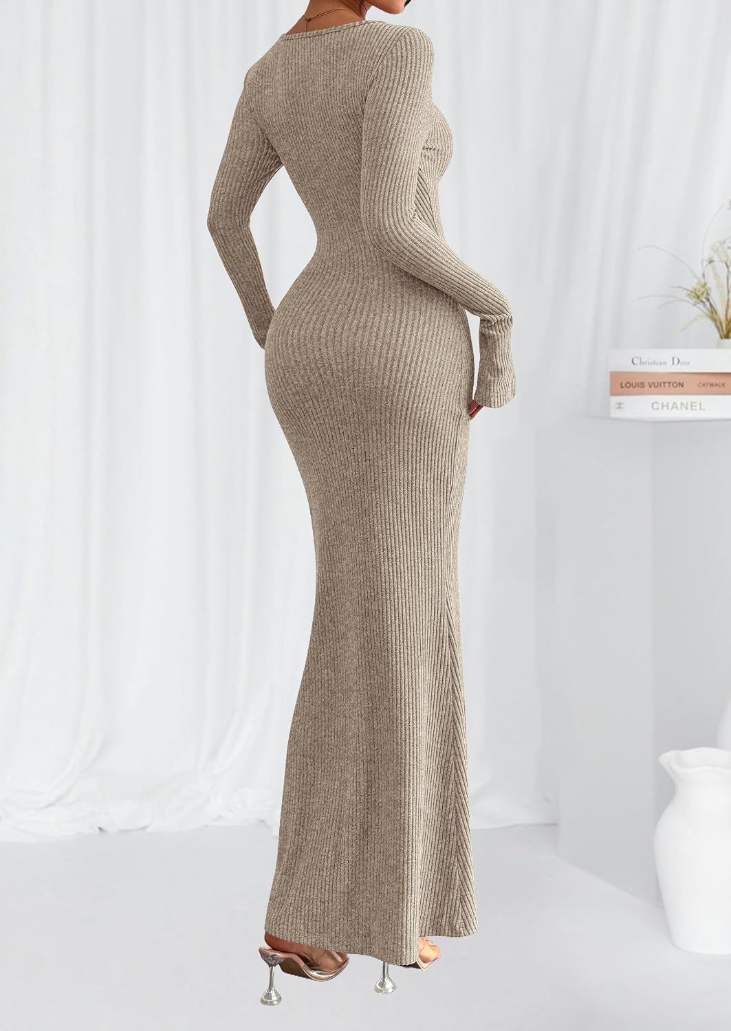 Detalle 2 de PRETTYGARDEN Ribbed Long-Sleeve Maxi Dress for Women
