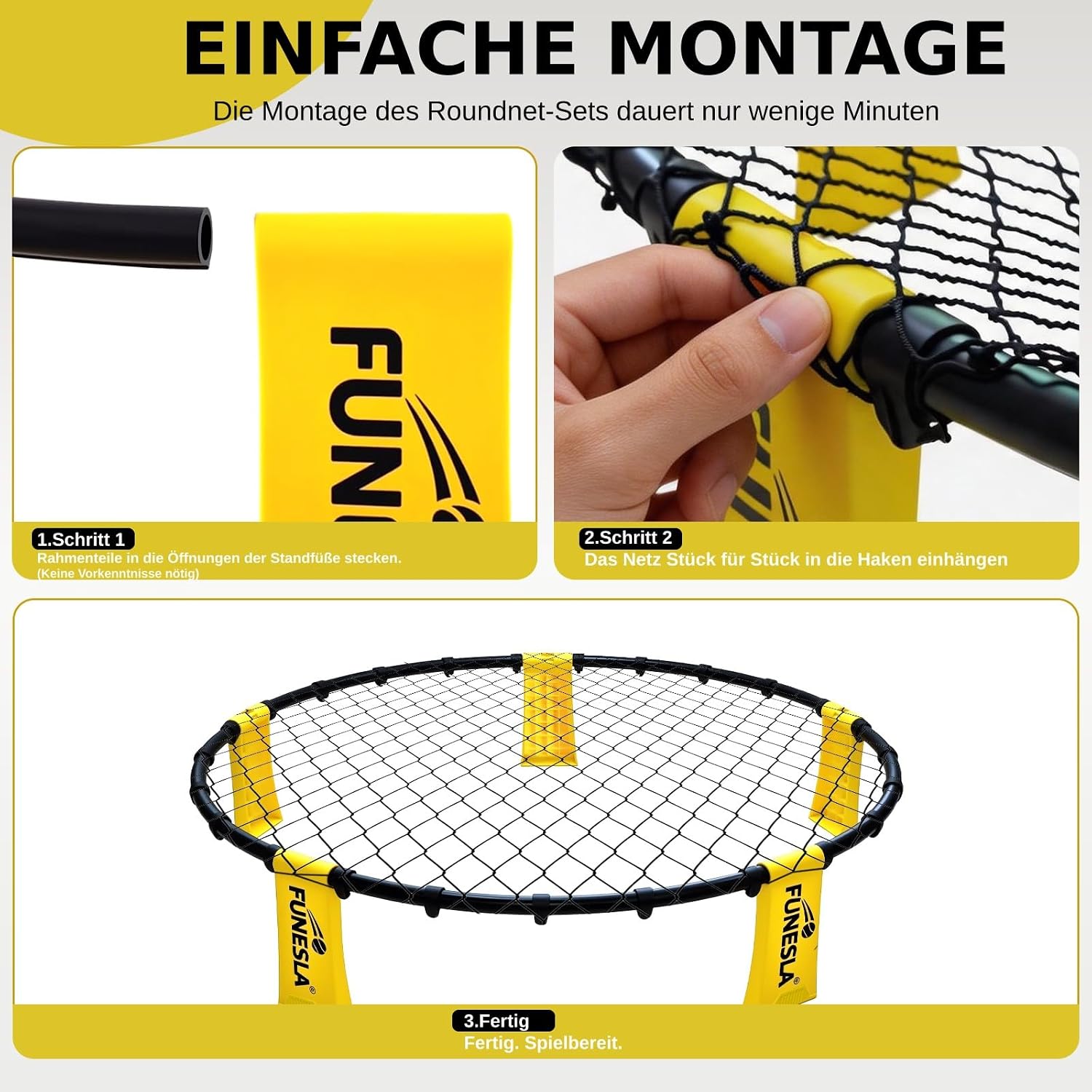 Detalle de Funesla Roundnet Set mit Tasche – Strand & Garten, direkter Steckmontage, 3 Bälle, Pumpe und Tragetasche