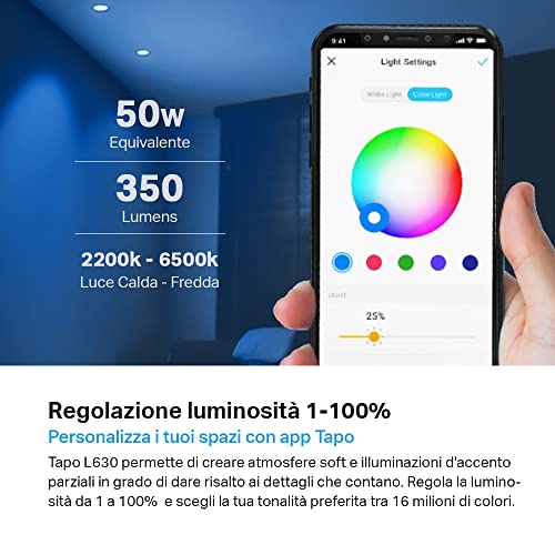 Detalle de Tapo L630 (4-Pack) Lampadine LED WiFi RGBW GU10 – 350 lm, 3,5W, controllo vocale con Alexa, pianificazione e risparmio energetico