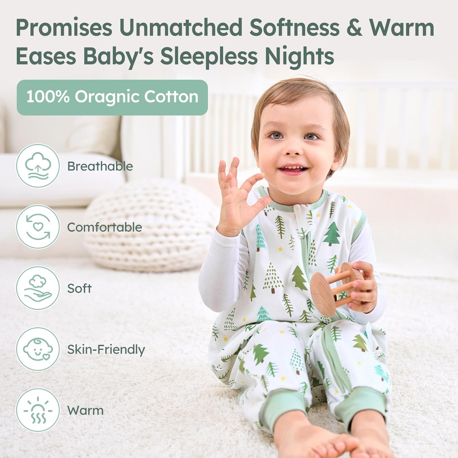 Thumbnail 1 de Unnivoll Baby Schlafsack mit Füßen 1,0 Tog – 80 cm, Baumwolle, Zweierpack, grün, für Jungen & Mädchen