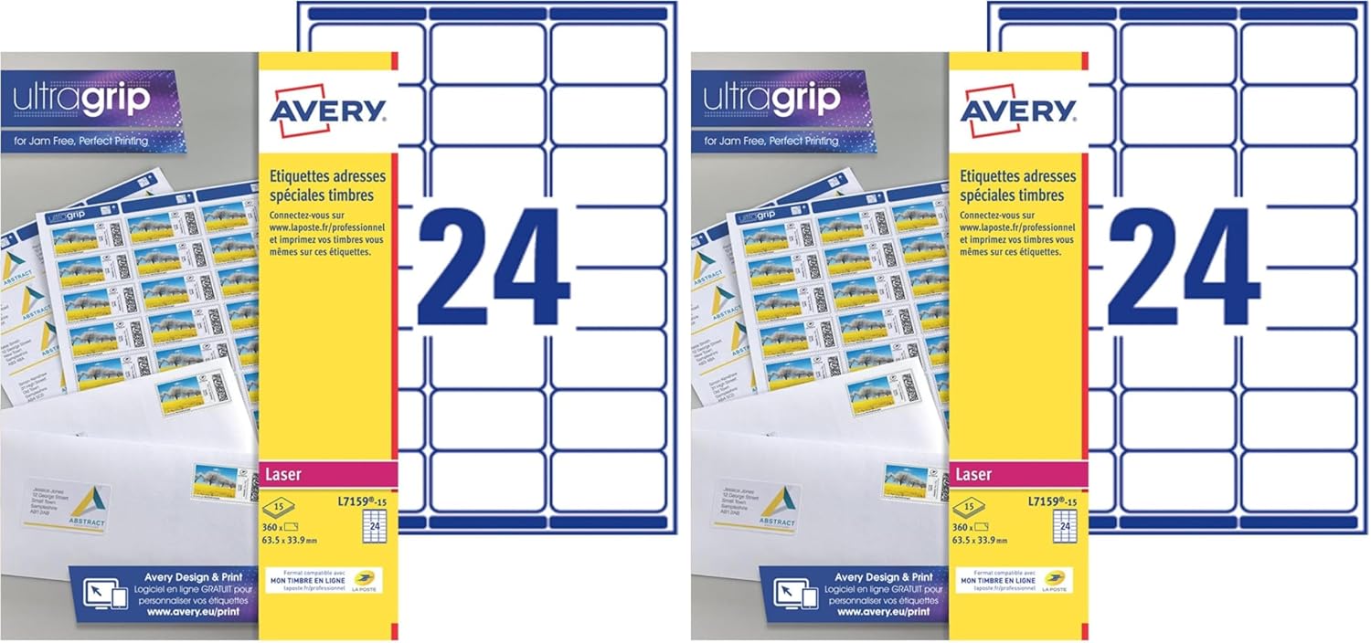 Detalle de Avery Étiquettes Autocollantes Blanches 360 Pièces 63,5x33,9 mm – Feuille A4, Jet d’Encre, FSC, Mon Timbre en Ligne