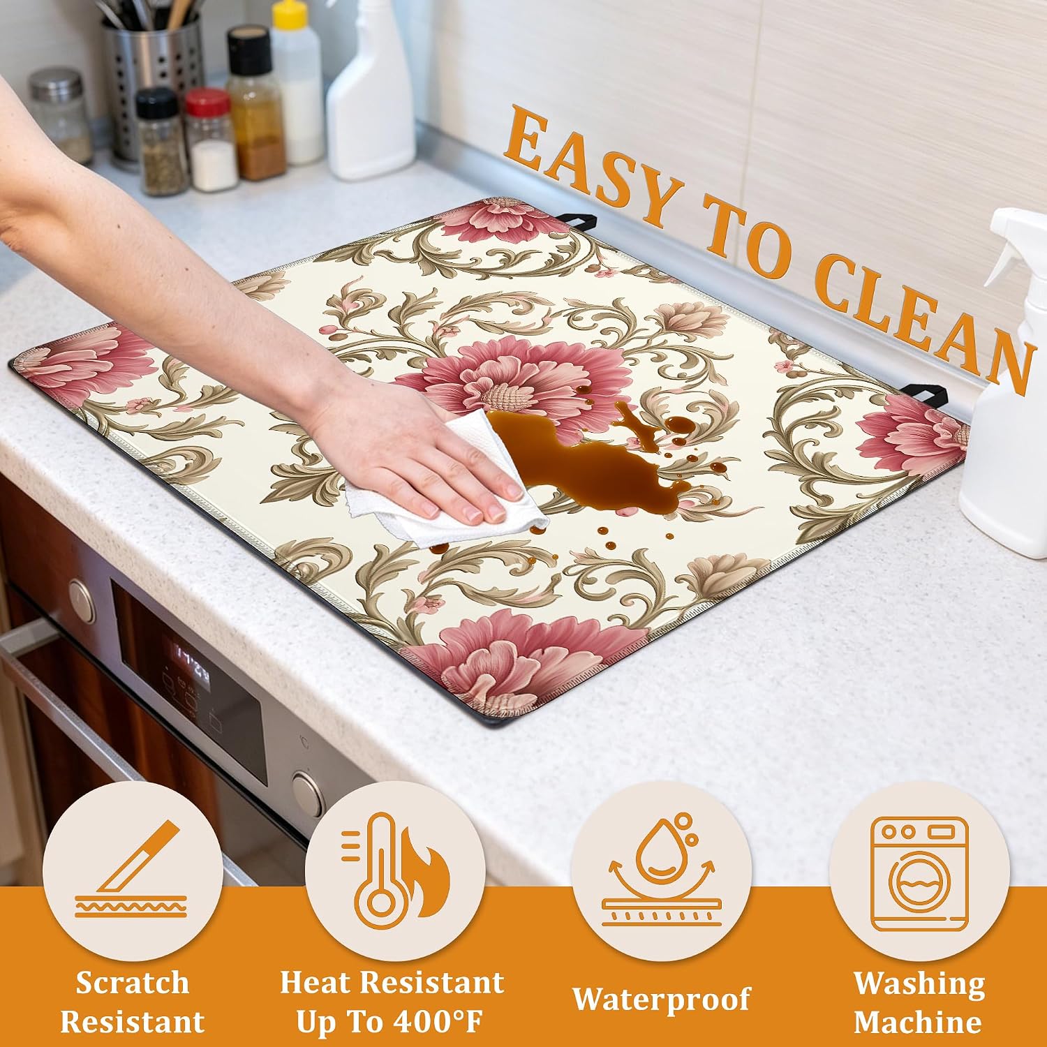 Thumbnail 4 de YIKTI Vintage Floral Stove Top Cover, 28 x 20-Inch Washable Mat