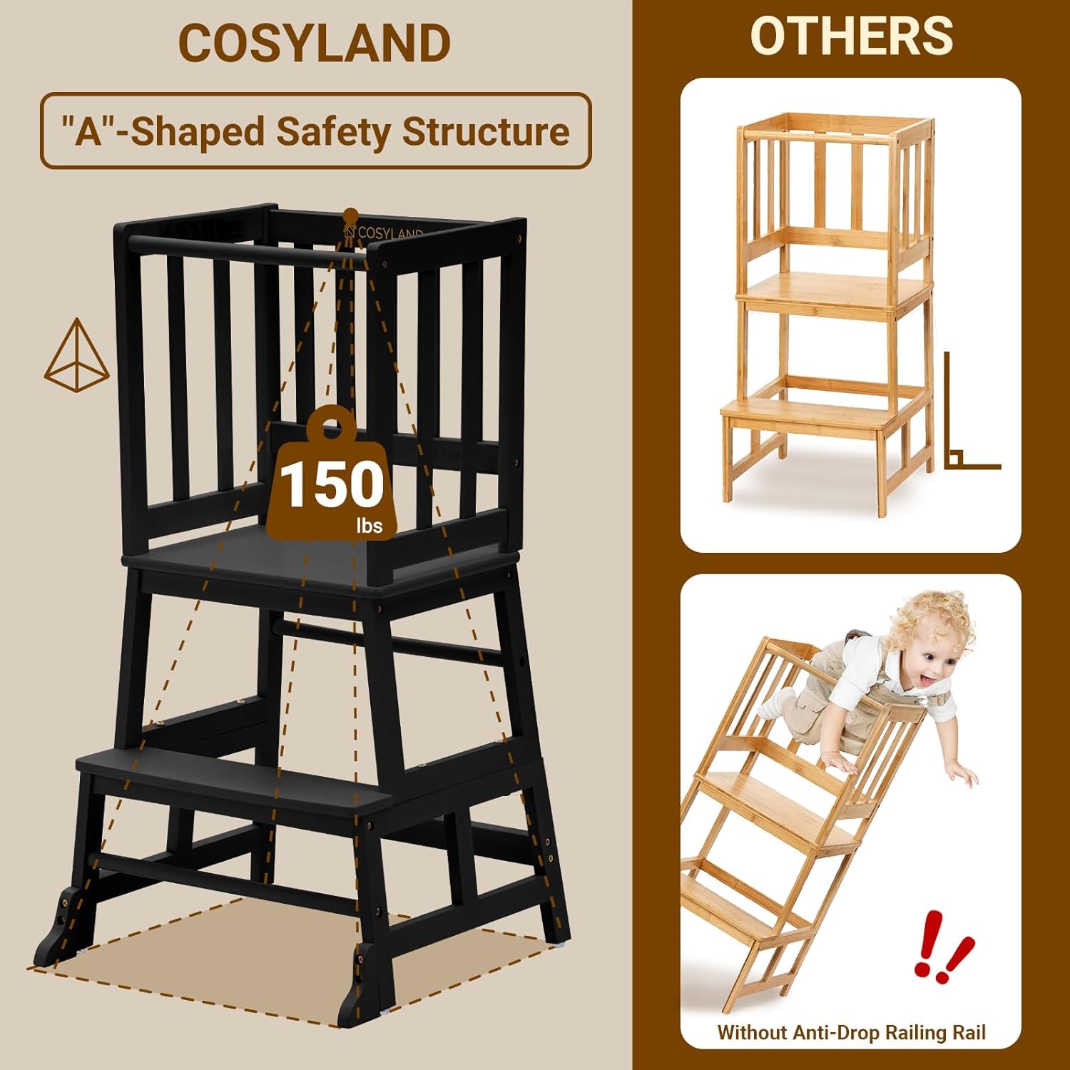 Detalle de COSYLAND Toddler Kitchen Step Stool Tower – Bamboo Learning Stool for Kitchen Counter