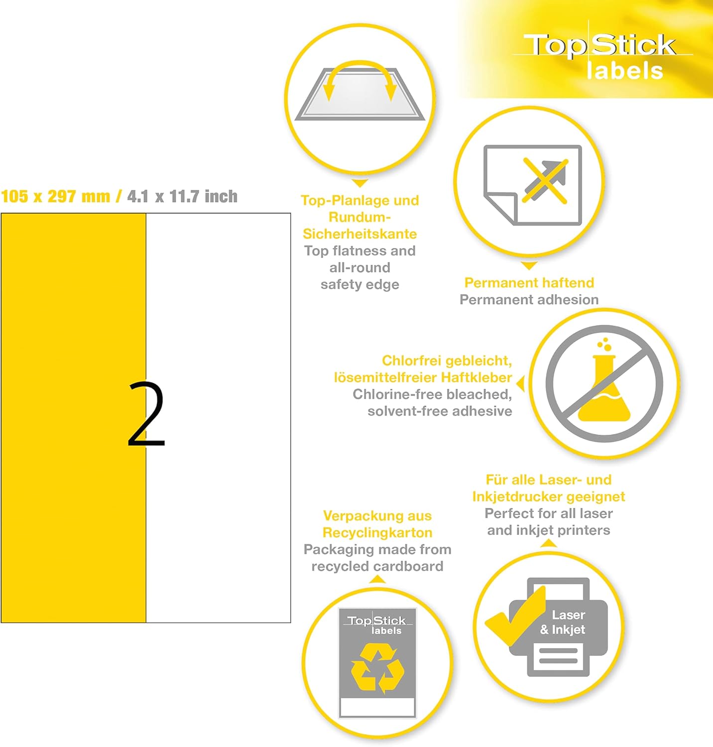 Thumbnail 6 de TopStick Etichette multiuso autoadesive – 200 etichette su 100 fogli A4, 105 x 297 mm, bianco