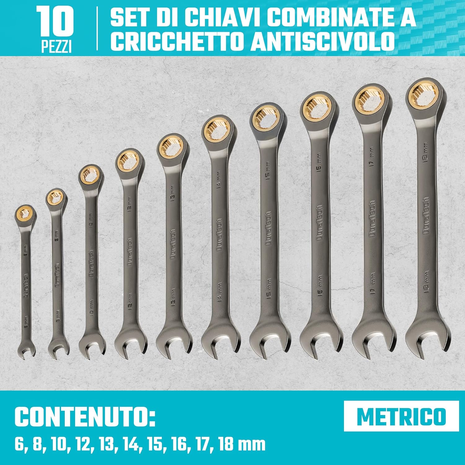 Detalle de DURATECH set di chiavi combinate a cricchetto antiscivolo 10 pezzi 6-18 mm (72 denti) in CR-V con custodia