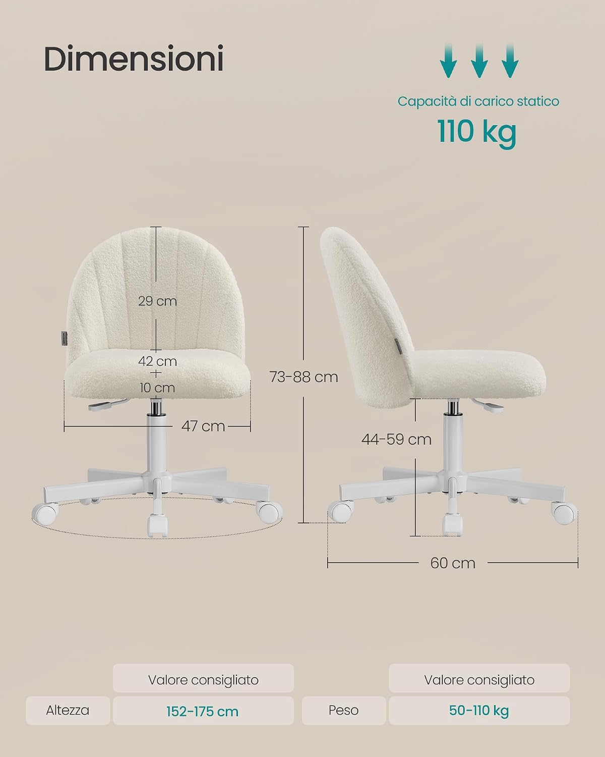 Detalle de SONGMICS OBG027WD01 sedia da ufficio in tessuto peluche regolabile in altezza (bianco crema)