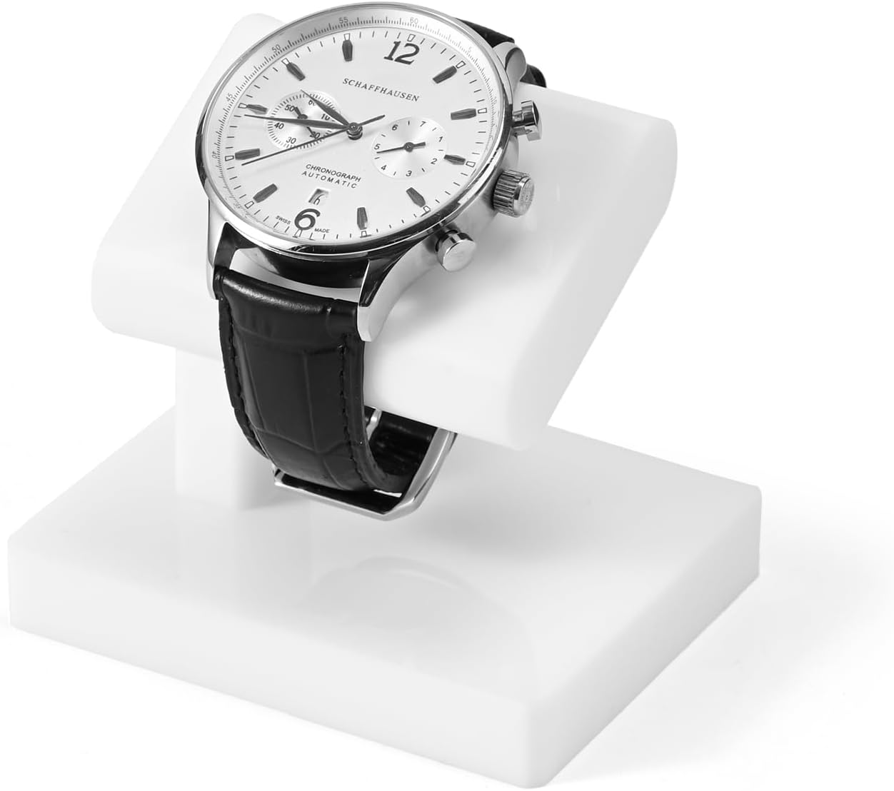 Detalle de Woodten Acrylic Single Watch Stand, White, with Curved Cradle and Wide Base