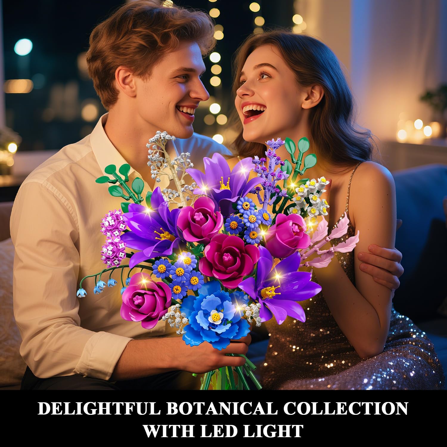 Thumbnail 1 de CUBIMANA Mother’s Day Flowers Bouquet Building Set with LED Light (Purple) – 1054PCS, 21 Flower Botanical Collection
