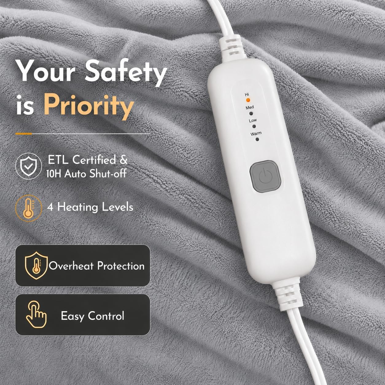 Detalle de ONDAN Full Size Electric Heated Blanket 72x84 with 5 Heat Settings and 10-Hour Auto Off