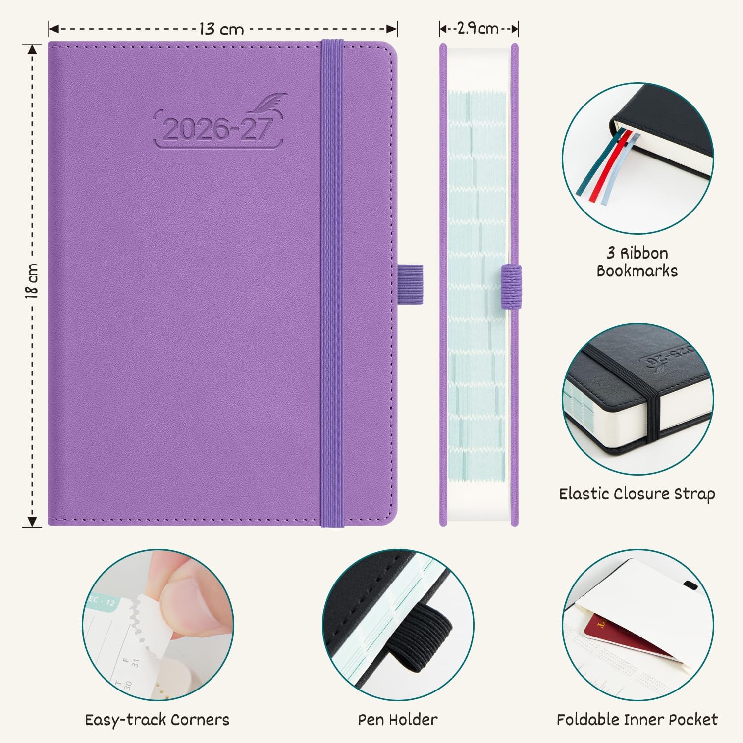Detalle de BEZEND Academic Diary 2026-2027 Page A Day (Sept'26-Dec'27) Compact 18 x 13 cm – Lavender PU Leather