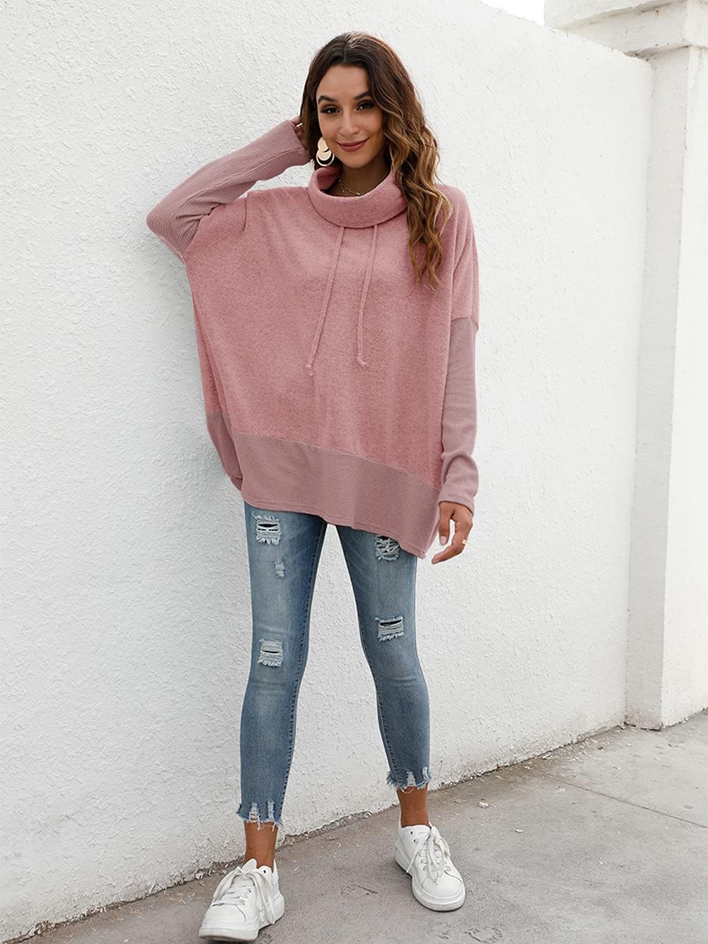 Detalle de Famulily Oversized Hoodie Women — Cowl Neck Drawstring Sweatshirt in Blue (Size L-XL)