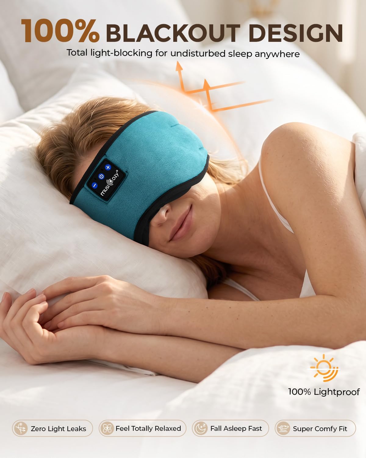Detalle de MUSICOZY Sleep Mask Headphones: Soft Breathable Bluetooth Eye Mask with 100% Blackout in Lake Blue