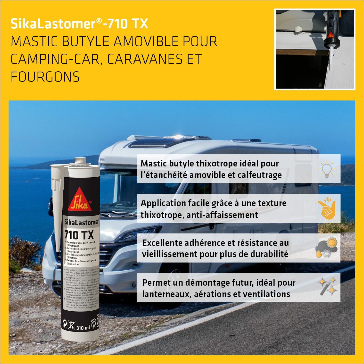 Detalle de SikaLastomer 710 TX Blanc – Mastic pâteux butyle pour joints d’étanchéité démontable (310 ml)