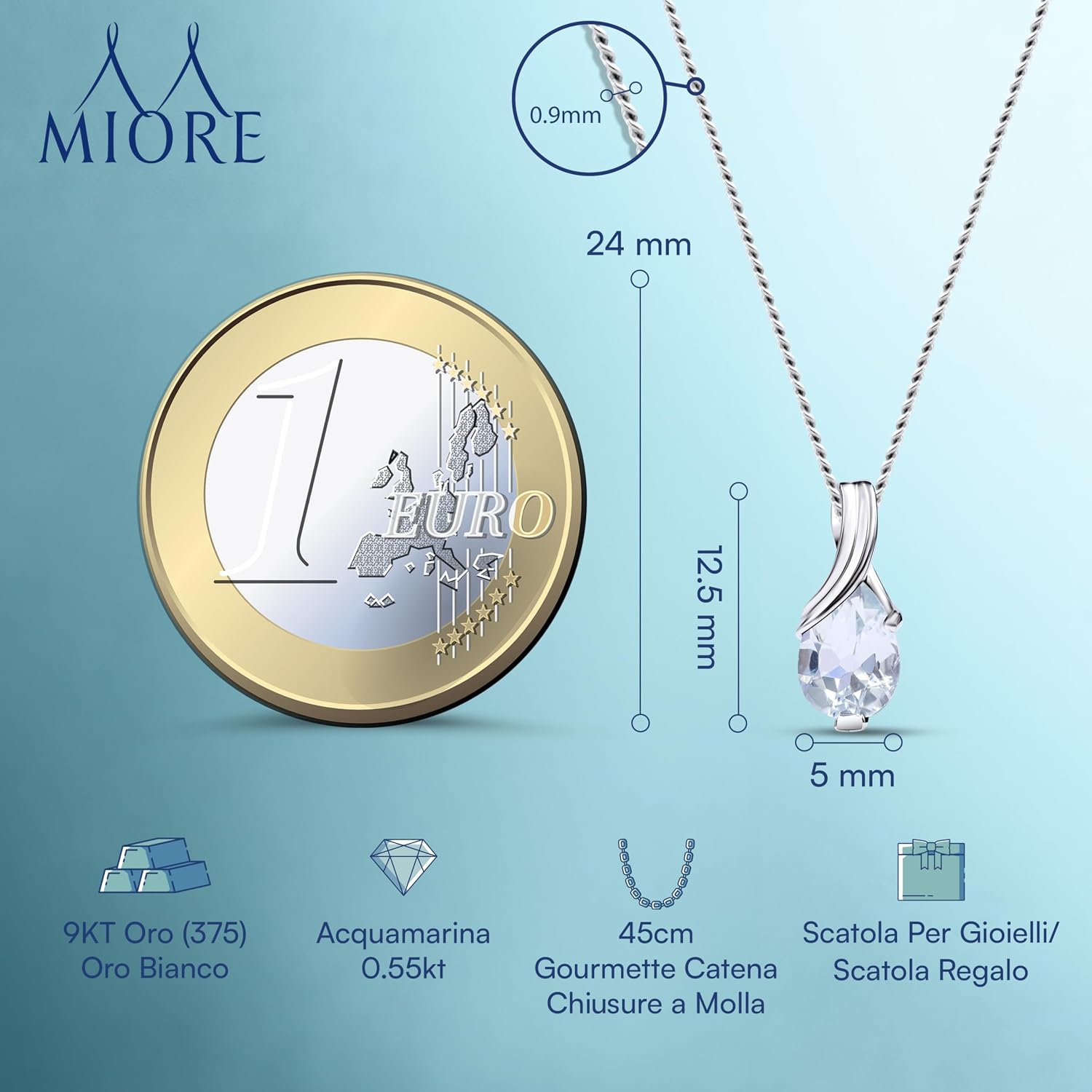 Detalle 2 de Miore Collana Donna con Catena in Oro Bianco 9 Kt / 375 con Aquamarina e Catenina 45 cm