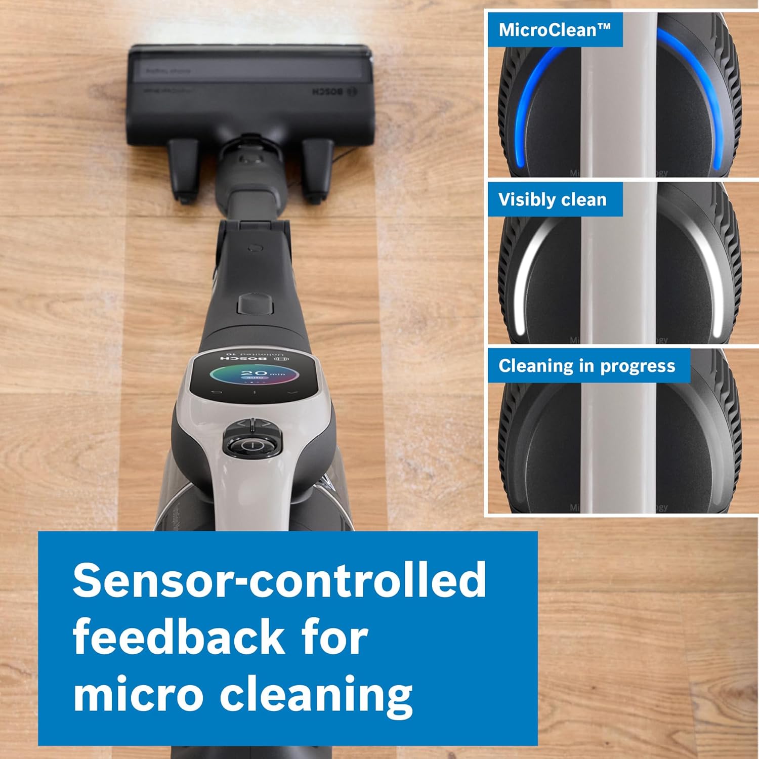 Detalle de Bosch Unlimited 10 BBS1041GGB cordless vacuum cleaner with 80-minute runtime and MicroClean sensor display