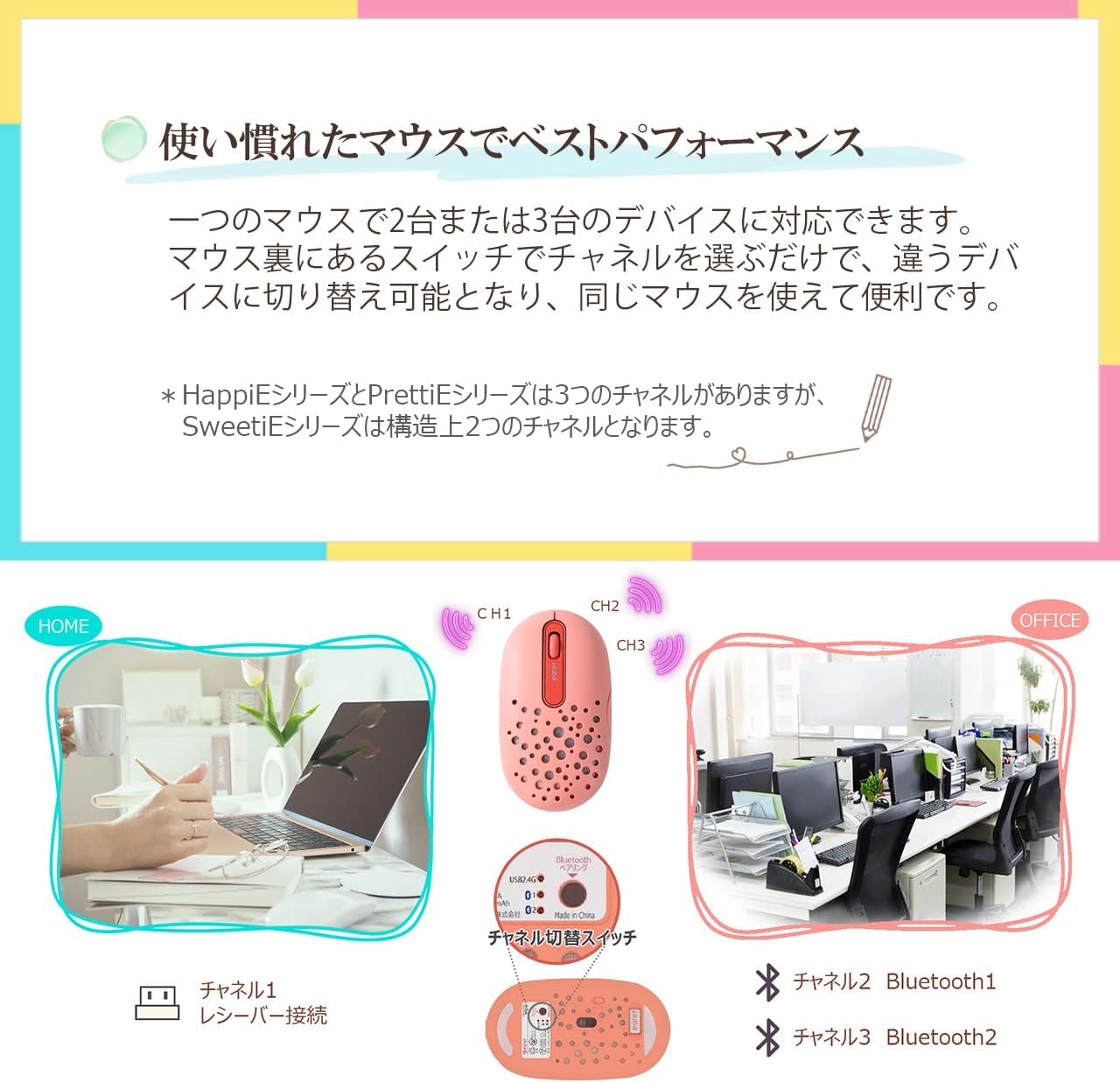 Detalle de egret HappiE EM23-H2 ワイヤレスマウス ミント、3台切替・静音クリック・3段階DPI