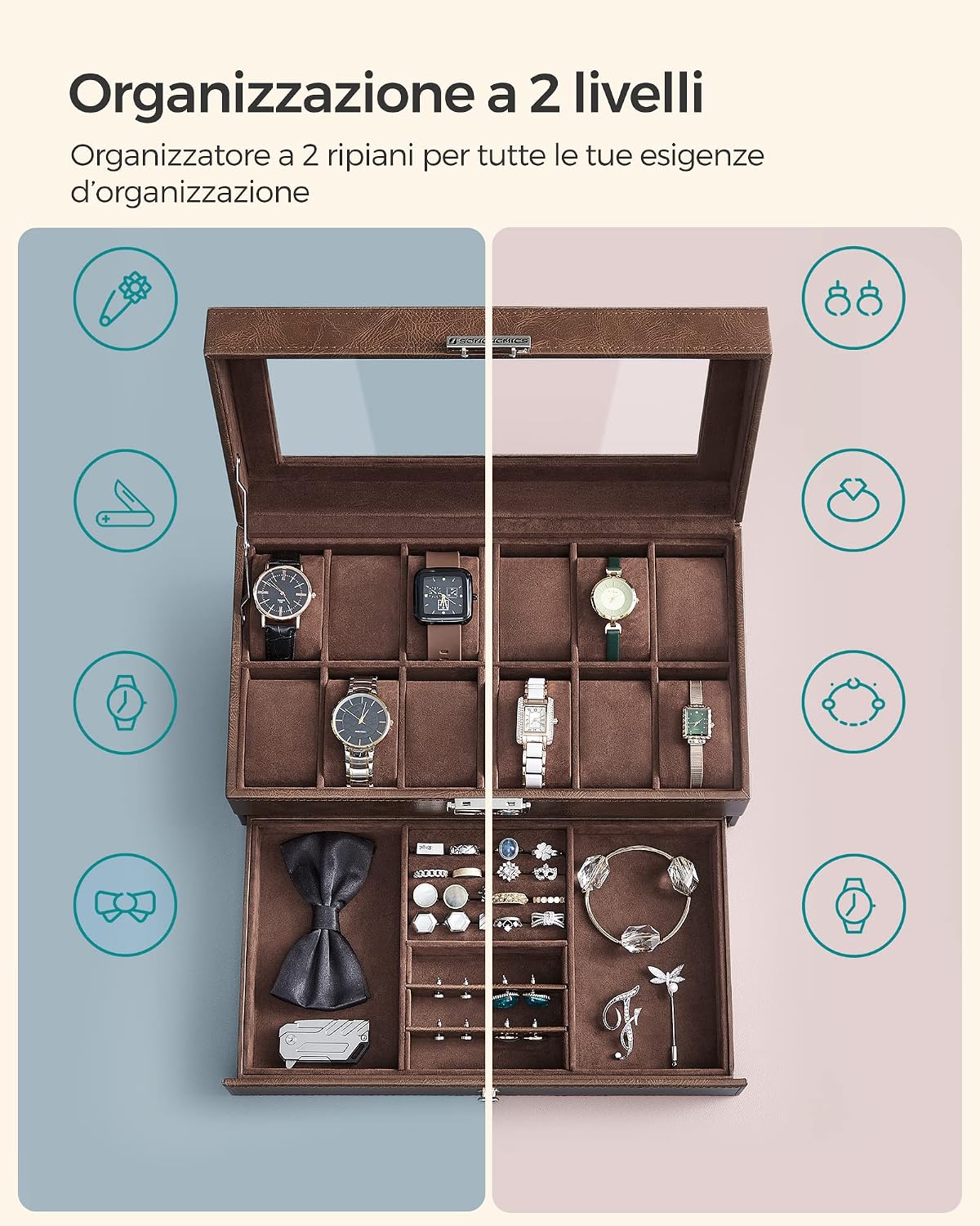 Detalle de SONGMICS Porta Orologi a 12 Posti, 2 Livelli con Vetrina e Coperchio in Vetro – JWB012K01