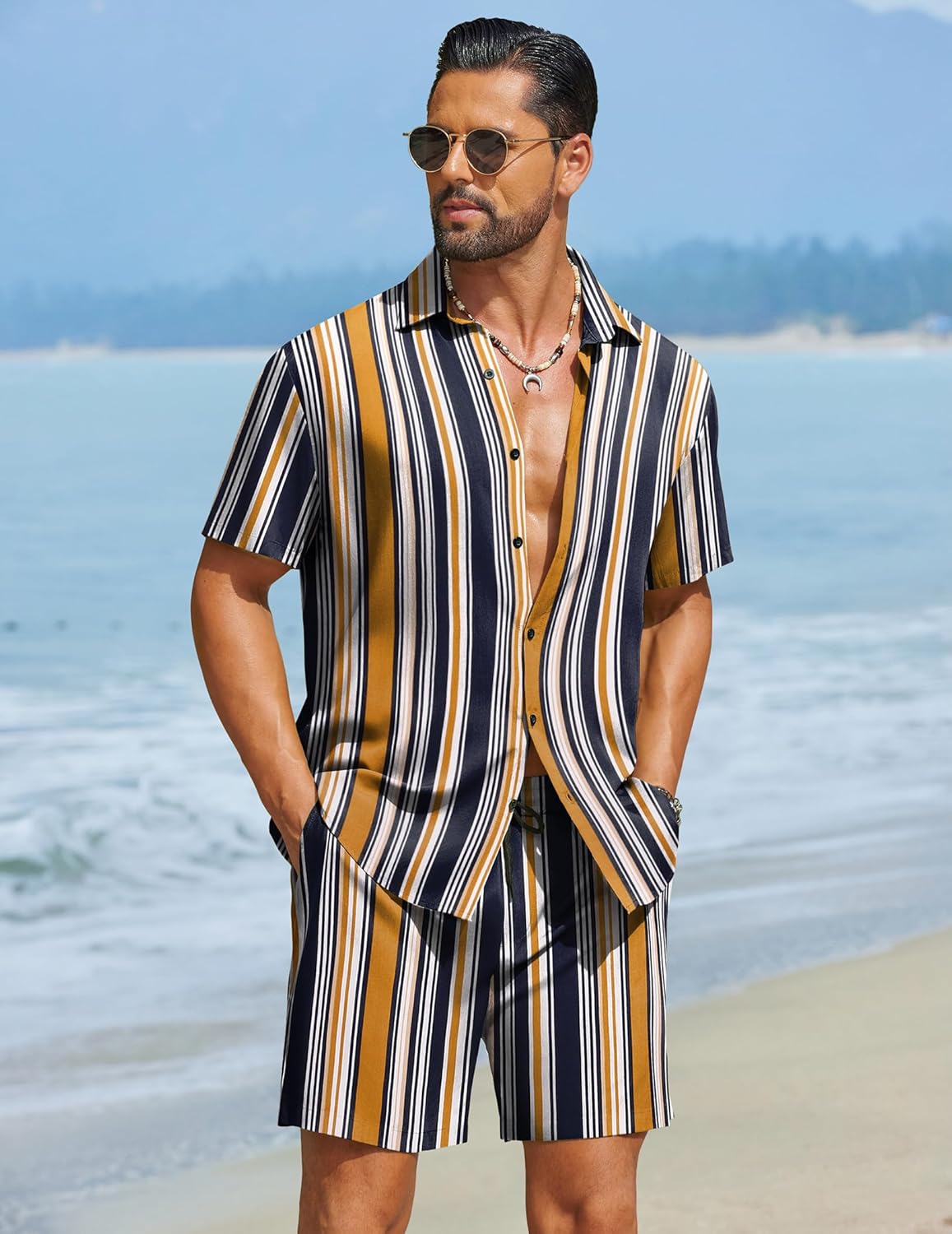 Detalle 2 de COOFANDY Men's Hawaiian Matching 2-Piece Set: Floral Shirt + Shorts for Summer Beach Vibes