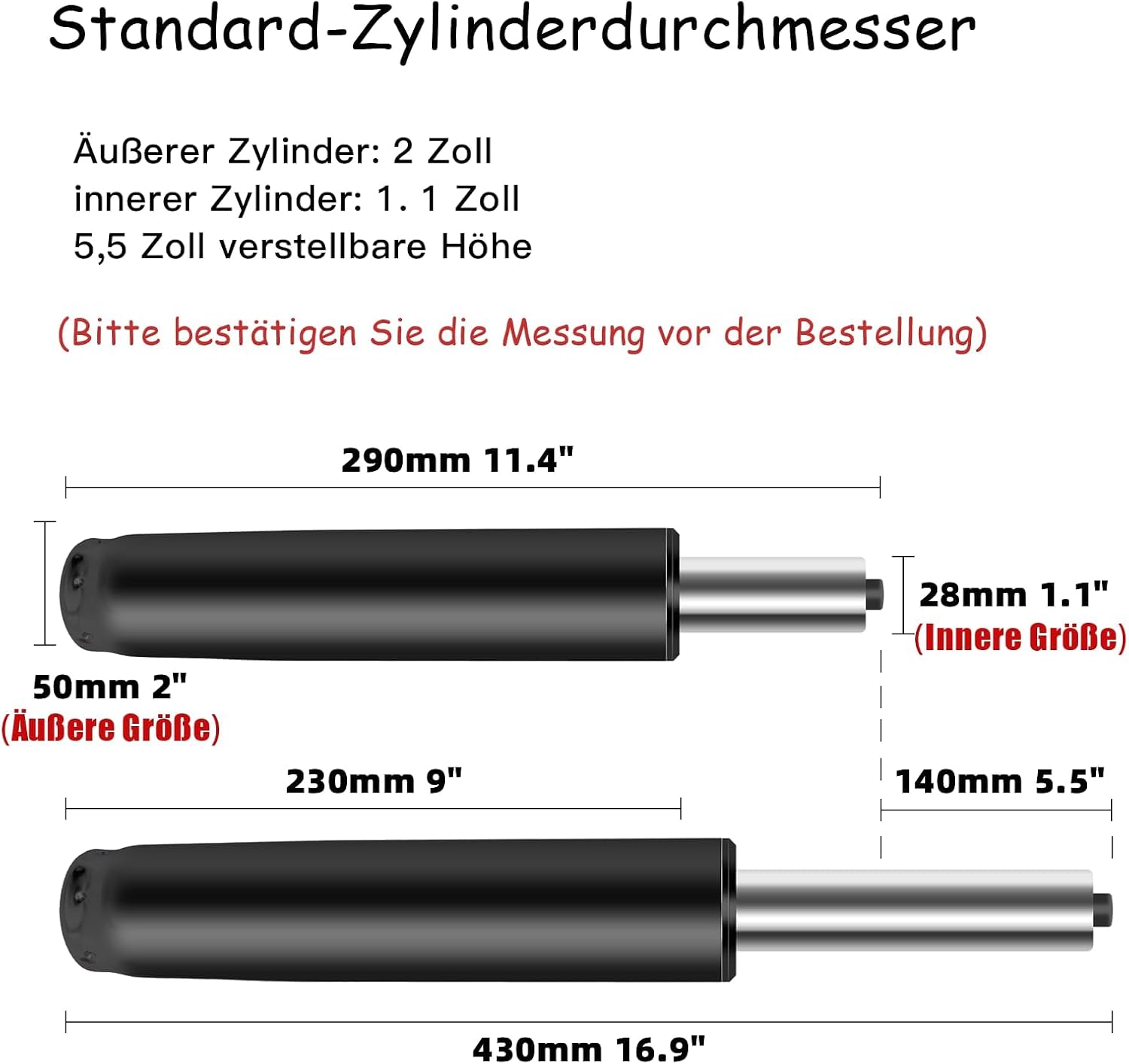 Detalle de Gasdruckfeder für Bürostühle 1000 lbs (450 kg) – höhenverstellbar, 290–430 mm, 360° Drehung