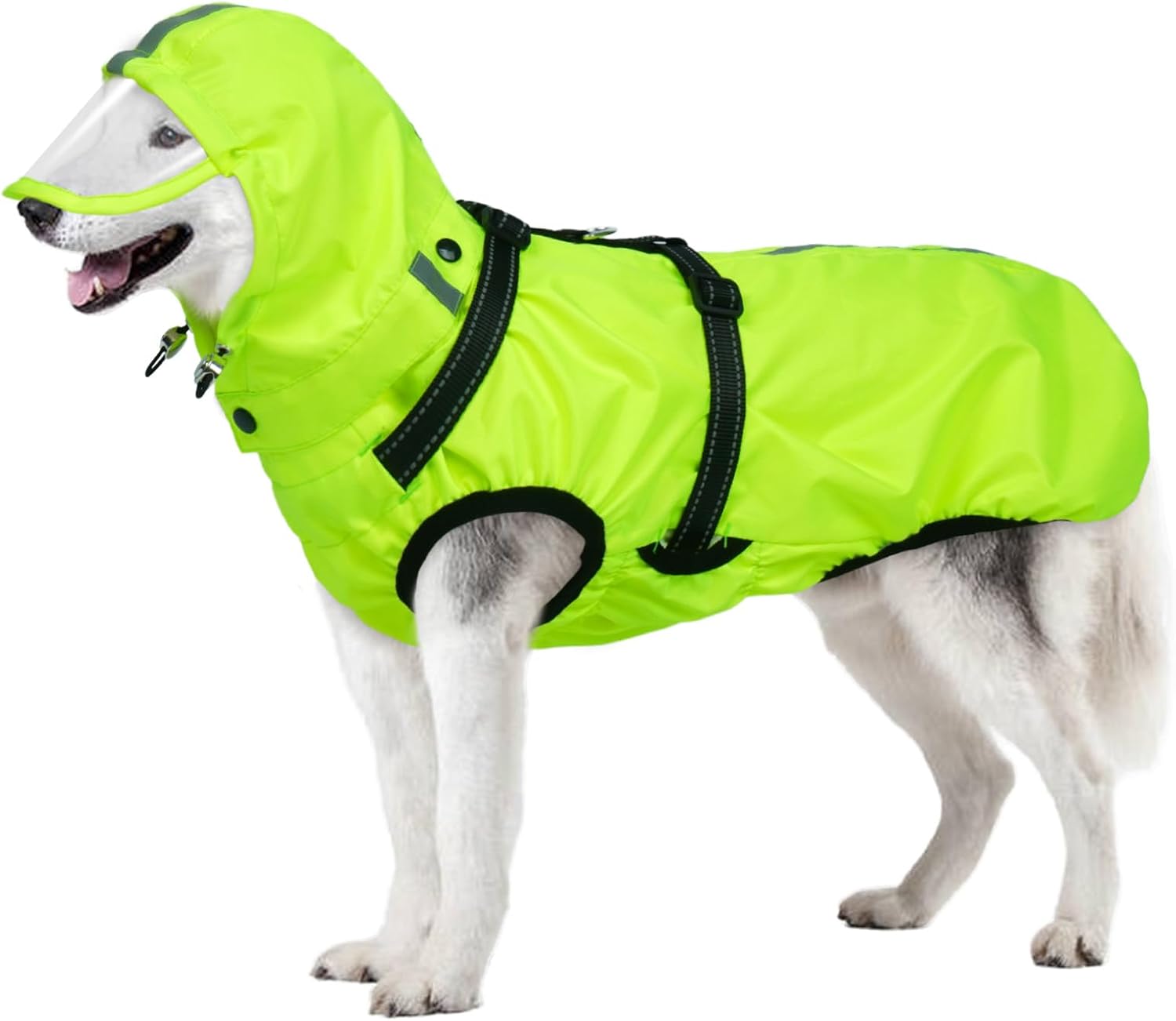 Detalle de OUOBOB Dog Raincoat Waterproof with H-Harness and Detachable Hood (2XL) – Neon Green