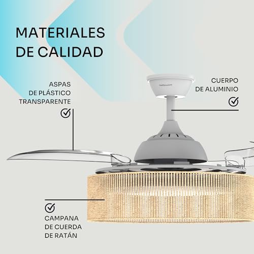 Thumbnail 7 de Mellerware Brizy Bright: ventilador de techo con luz y lámpara bronce rattan sand, 3 aspas, 106 cm