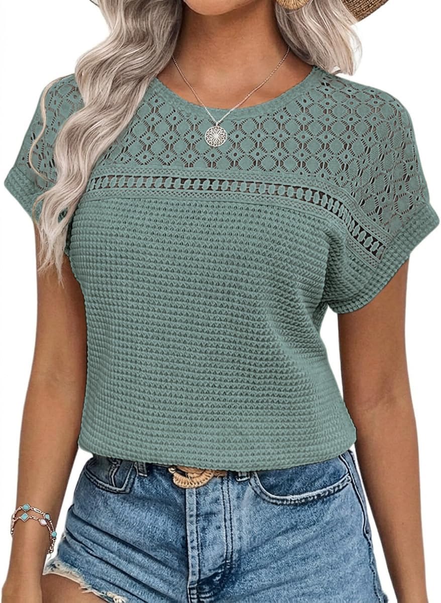Detalle 2 de Chicrise Damen Bluse Elegant Kurzarm Spitzenoberteil – Häkel Rundhals Sommer