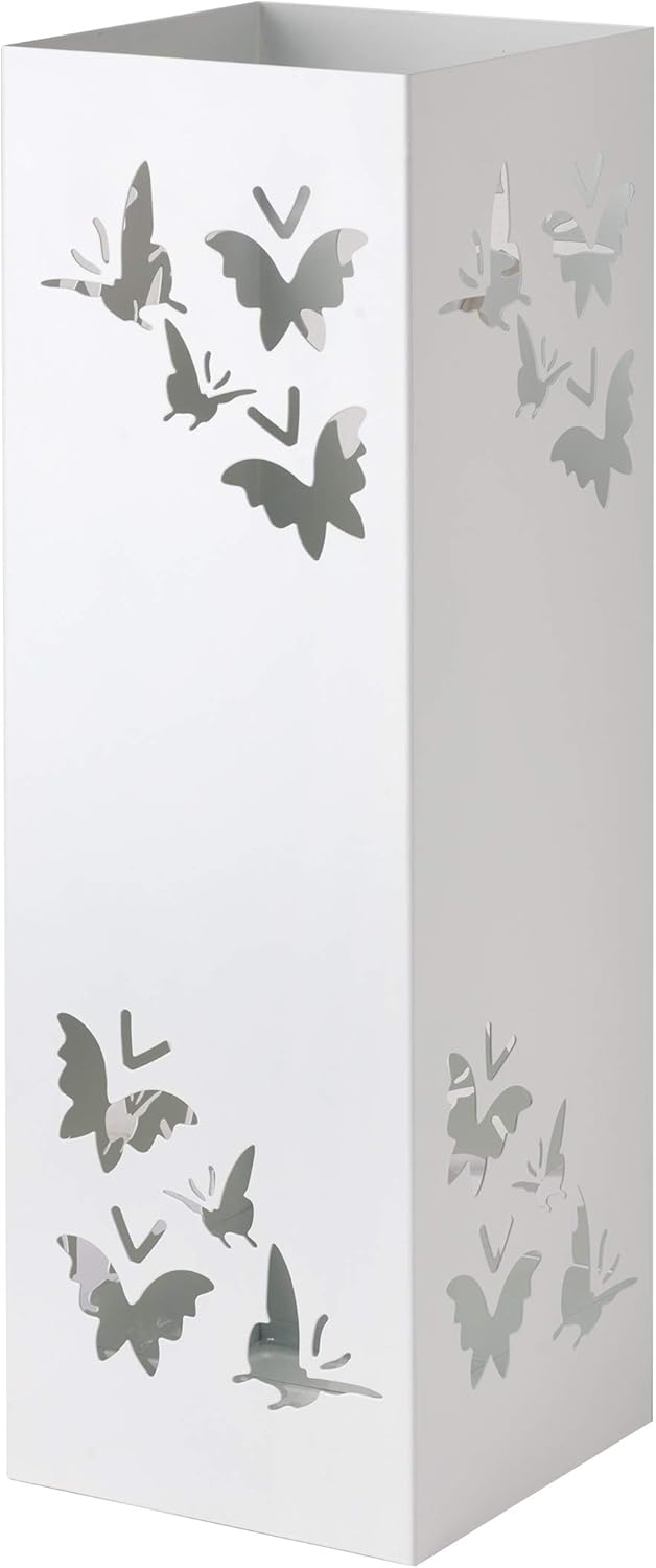 Detalle de Baroni Home Portaombrelli Quadrato in Metallo con Intagli a Forma di Farfalle – Bianco 15,5x15,5x49 cm