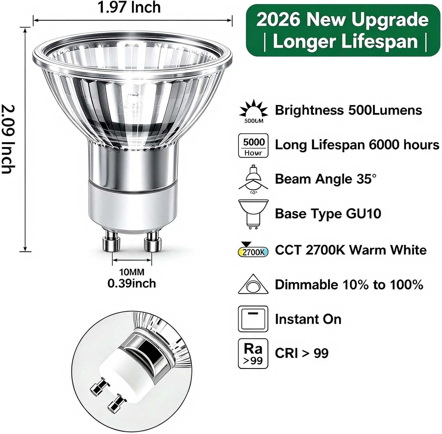 Detalle 2 de RMFSH GU10 Halogen Bulbs, 6-Pack, 50W Dimmable MR16, 2700K Warm White