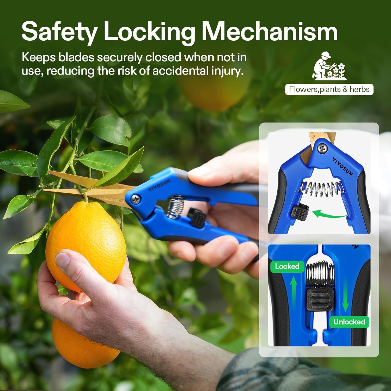 Thumbnail 4 de VIVOSUN Lot de 2 Sécateurs de Jardin 17 cm – Lames droites en acier inoxydable avec revêtement titane, poignée ergonomique et verrouillable