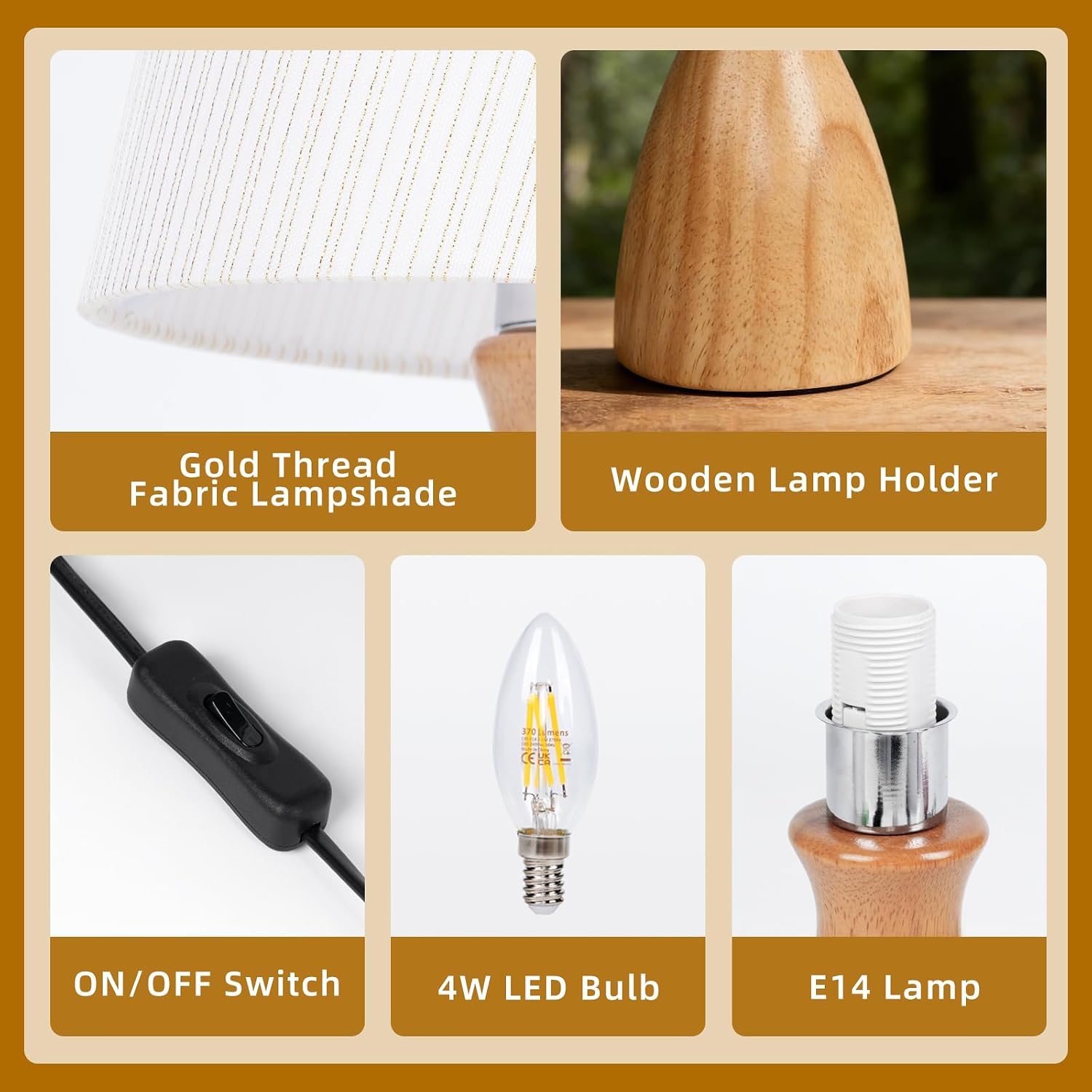 Detalle de Aukimo Wood Bedside Table Lamp with White Linen Shade (Gold Stripe) – 12.6 Inch, LED Bulb Included